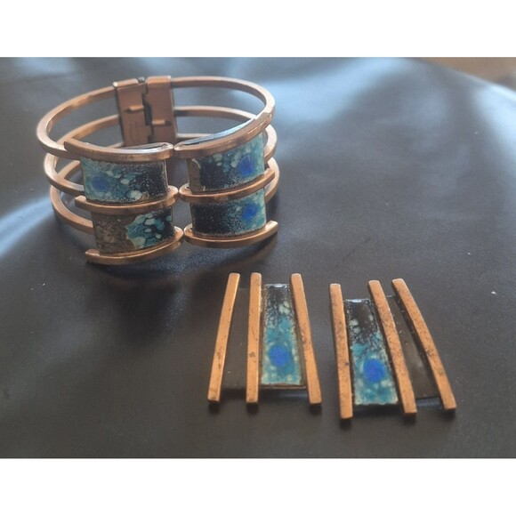 Renoir Matisse Copper Blue Enamel Clamper Bracelet Enamel Loss & Earrings Set - Picture 1 of 6